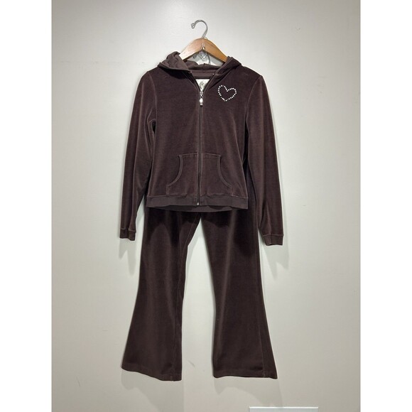 Y2K House Of Freedom Velour Track Suit SET Flare Bling Heart Brown Size M - Picture 1 of 12